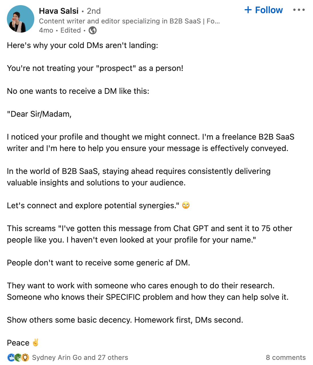 Hava Salsi's 领英 post on how to pitch freelancers' services