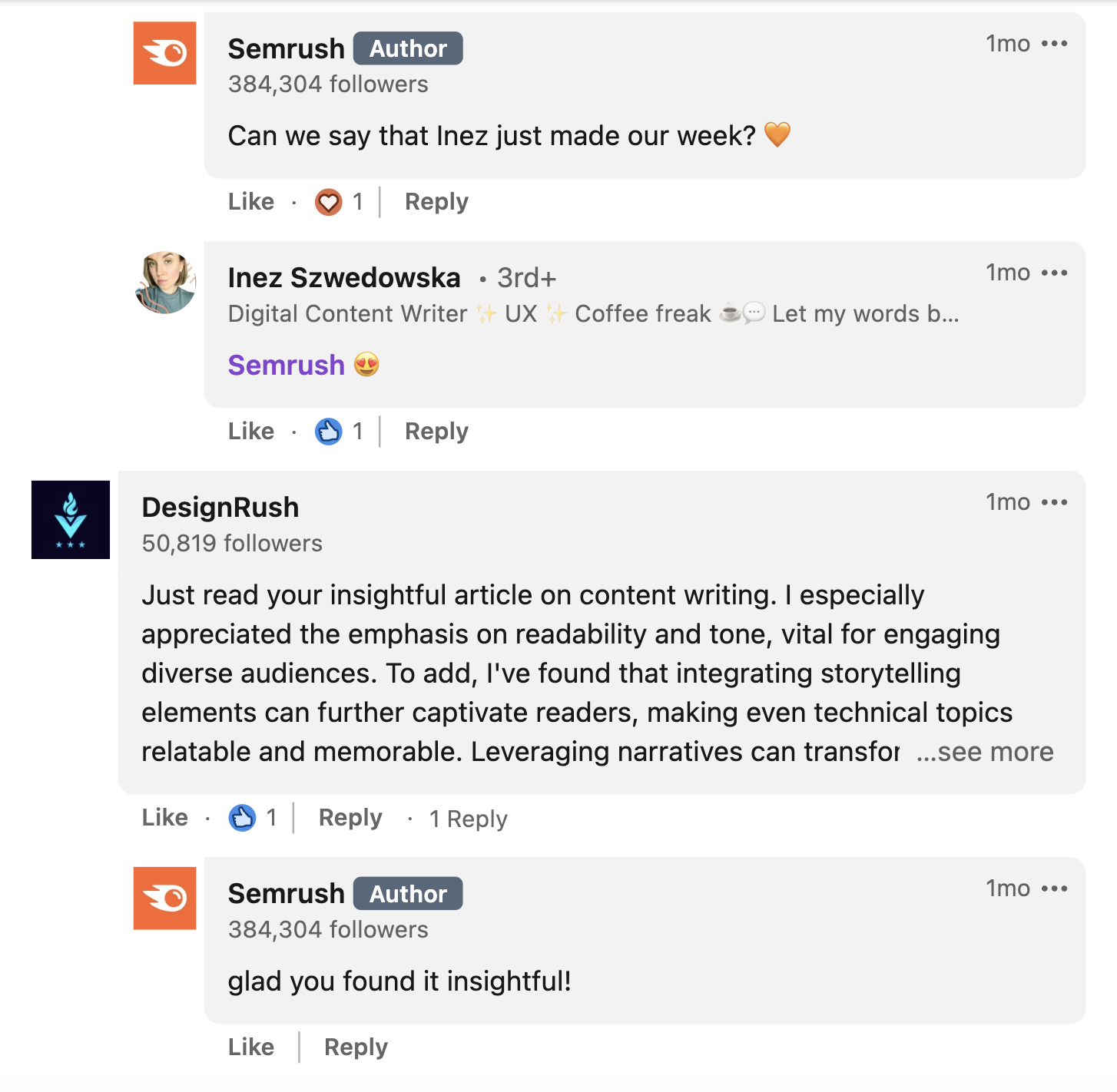An example of Semrush's responses under 领英 comments section
