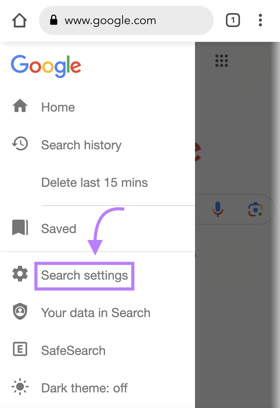 Google “搜索设置” button highlighted in purple