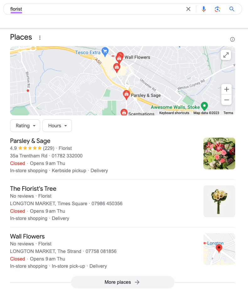 Google 本地 pack results for 