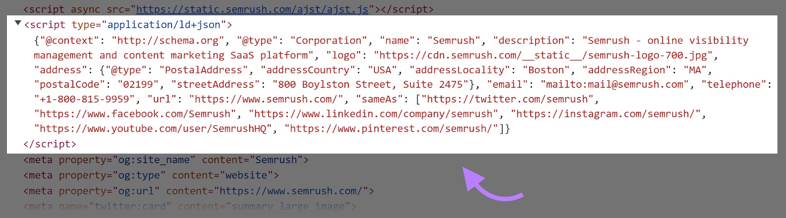架构标记 HTML script code of the Semrush homepage.