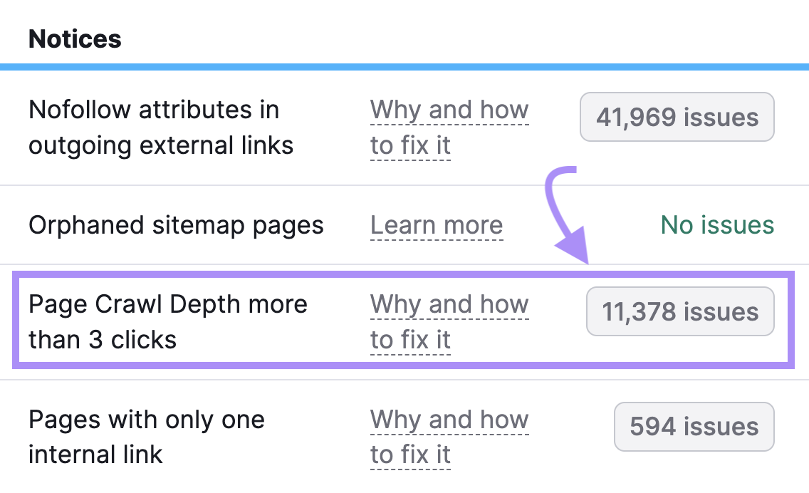“Page Crawl Depth more than 3 clicks” result highlighted下