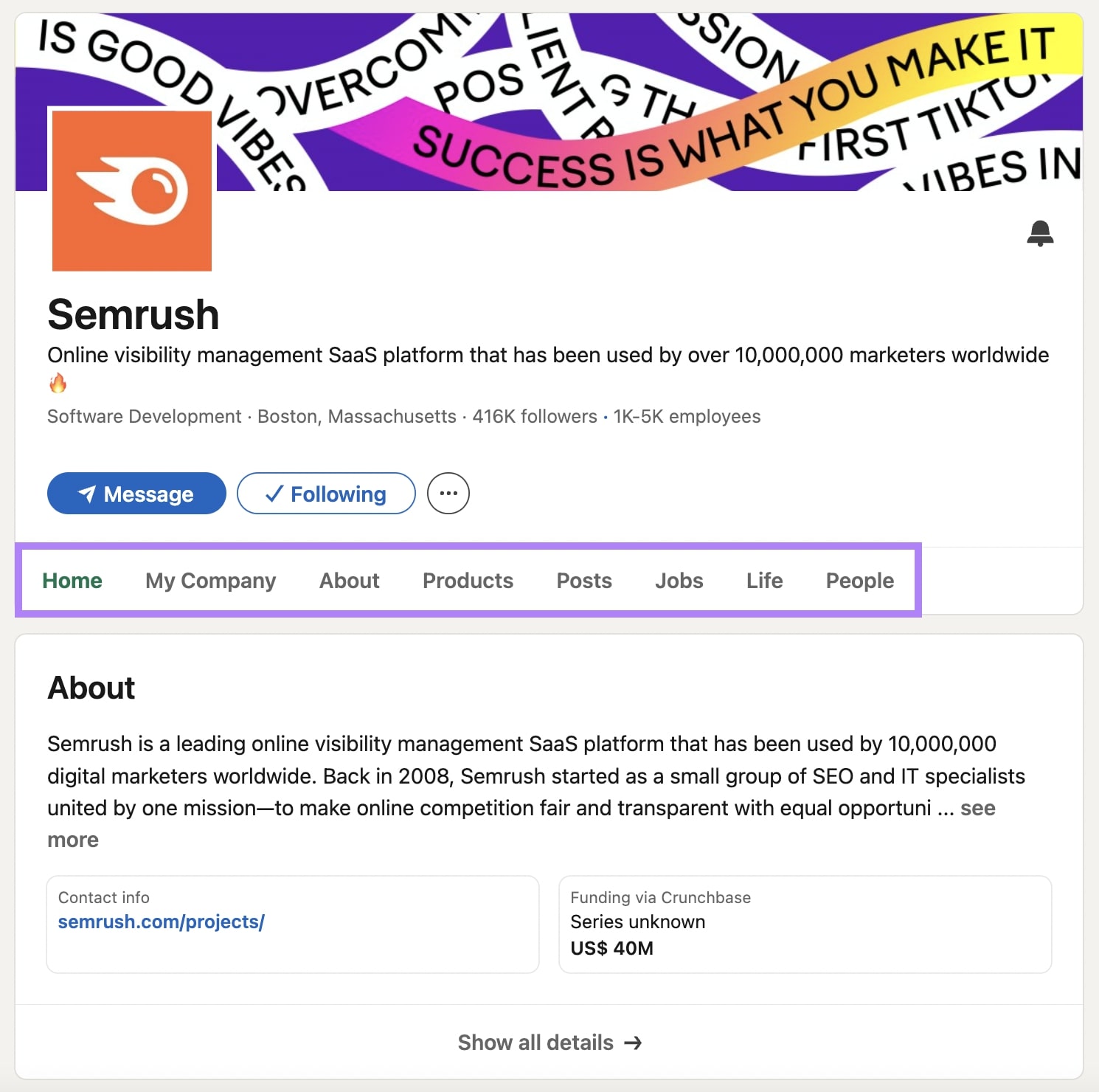 领英 业务 page of Semrush with Home, About, Products, 职位, Jobs, Life and People tabs highlighted