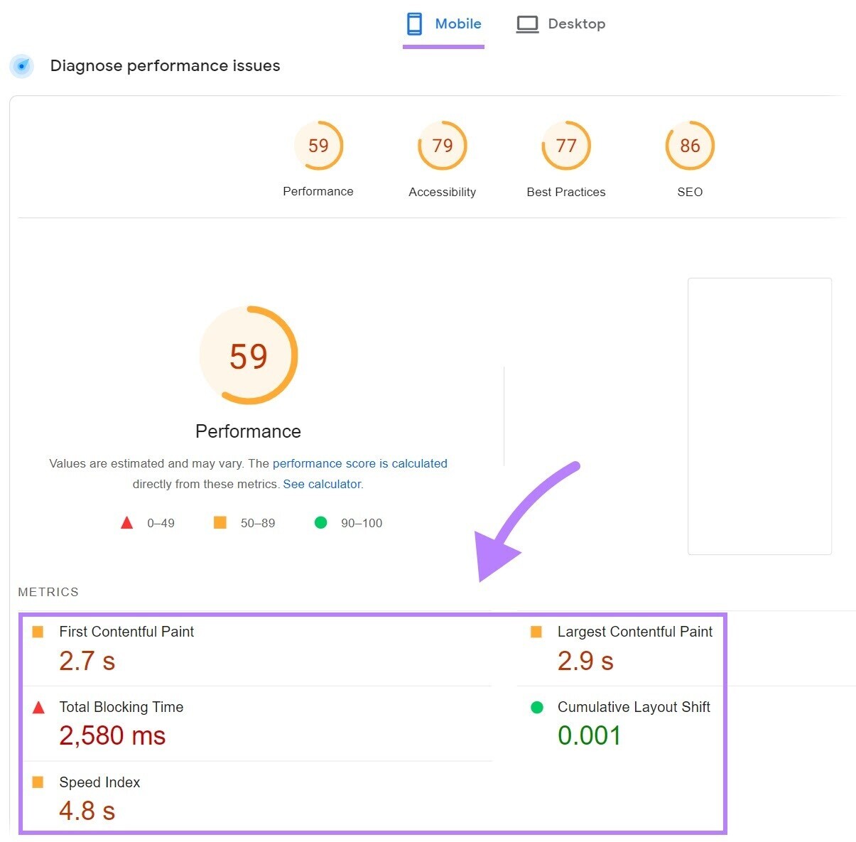 PageSpeed洞察 report for mobile