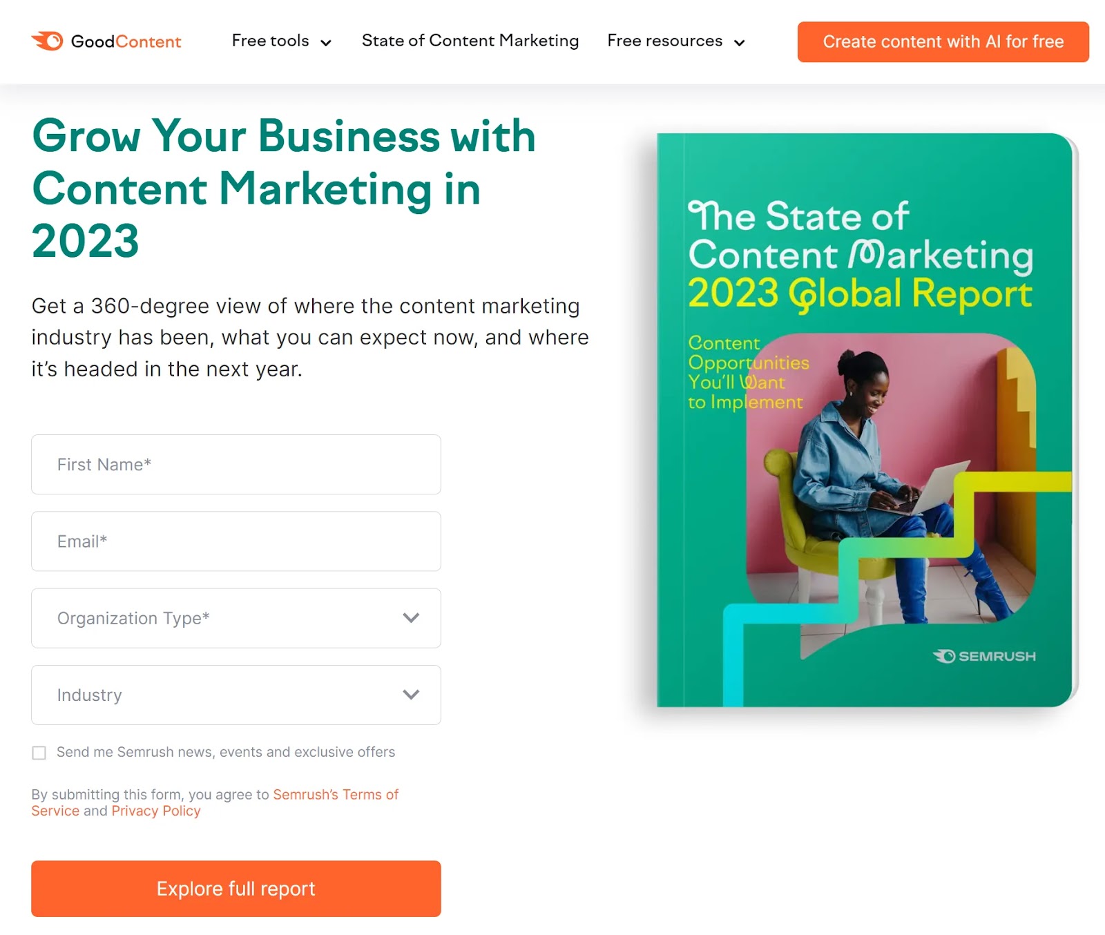 Semrush's 该State of Marketing 2023 Global Report 着陆页