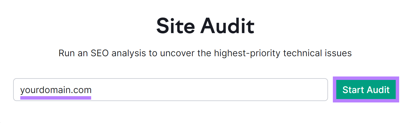 Semrush 现场审核 tool start with 'yourdomain.com' in input field and '开始审核' button highlighted.