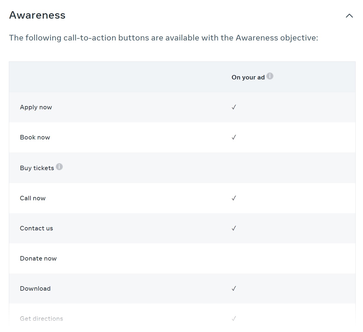 Call-to-action buttons under Awareness objective in Facebook广告