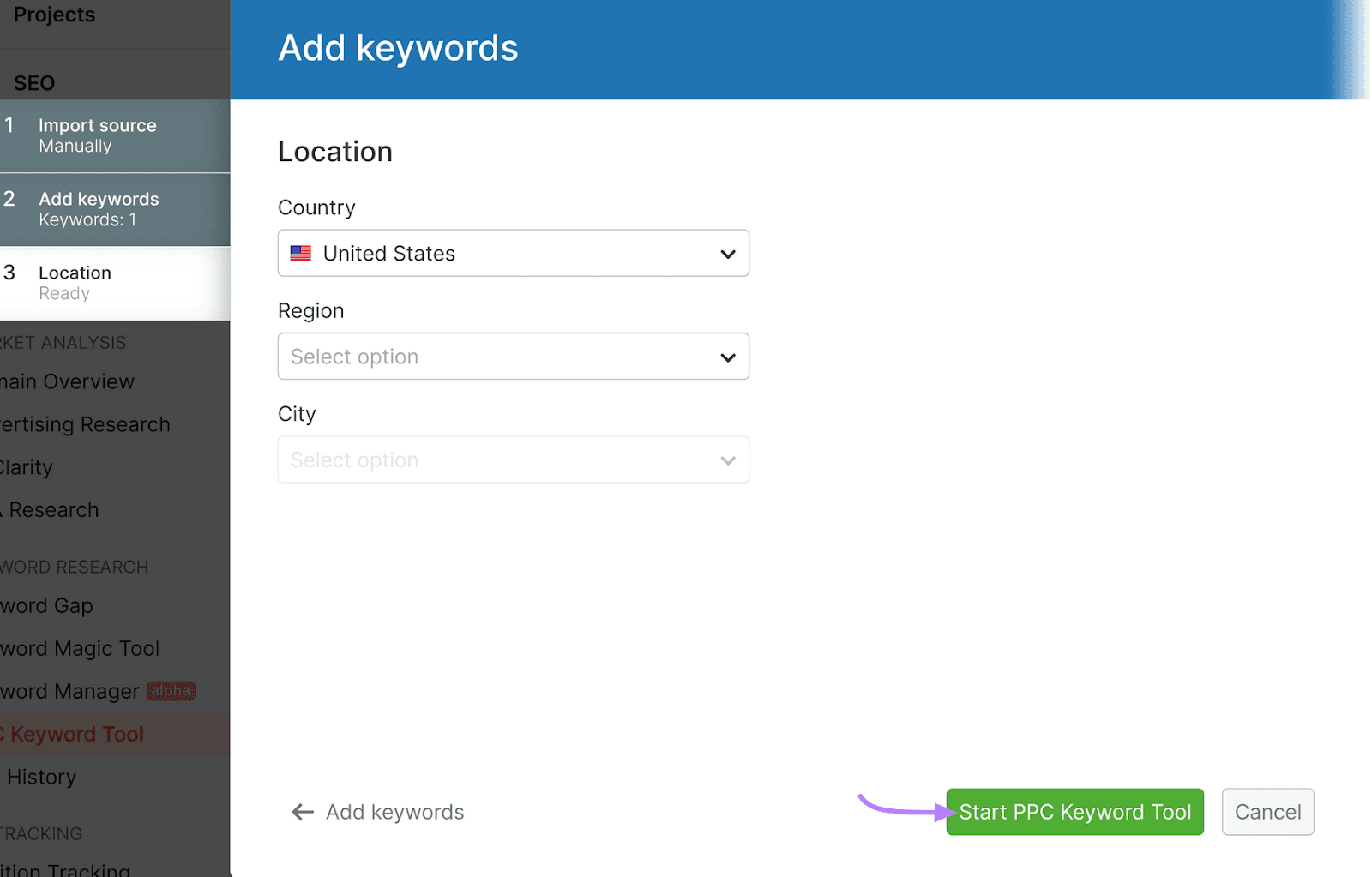 PPC关键字工具 interface for adding keywords, with a location form and buttons for starting the tool.