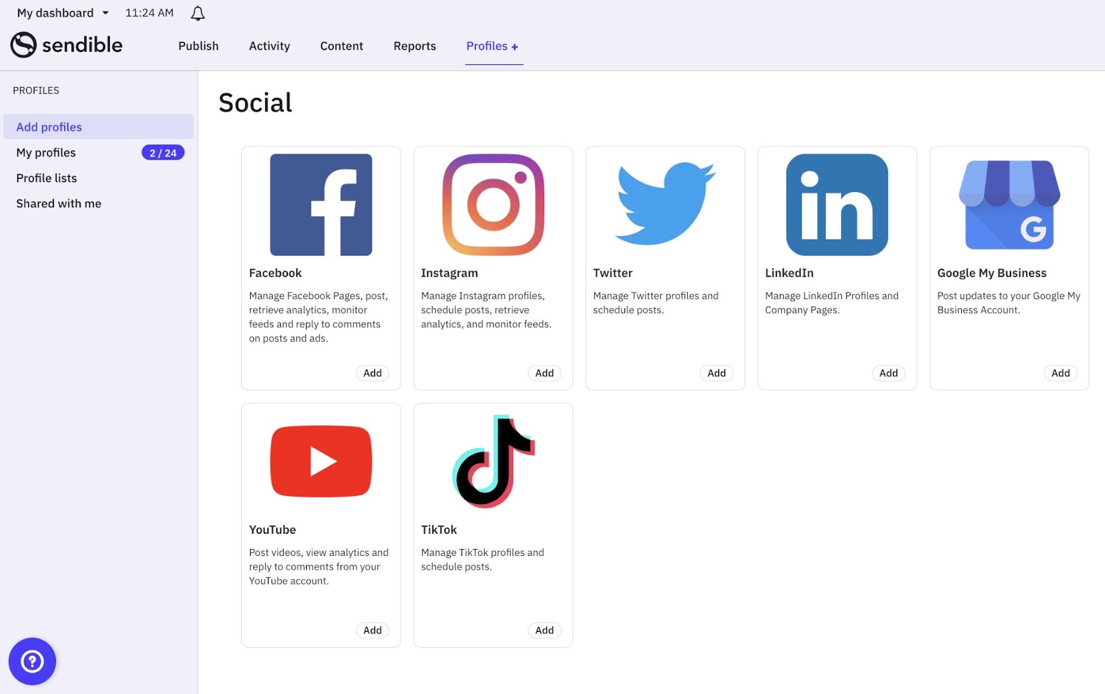 Different social media accounts you can connect on the 'Profiles' tab of 社交媒体管理 tool 森迪布尔.
