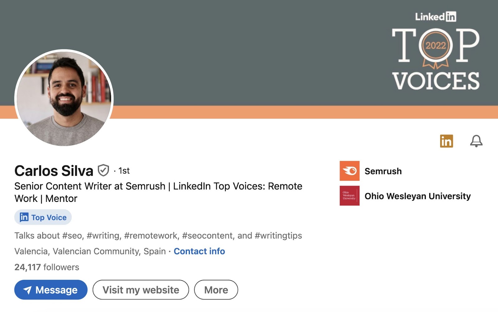 Semrush Senior Content Writer 卡洛斯*席尔瓦’s 领英 profile