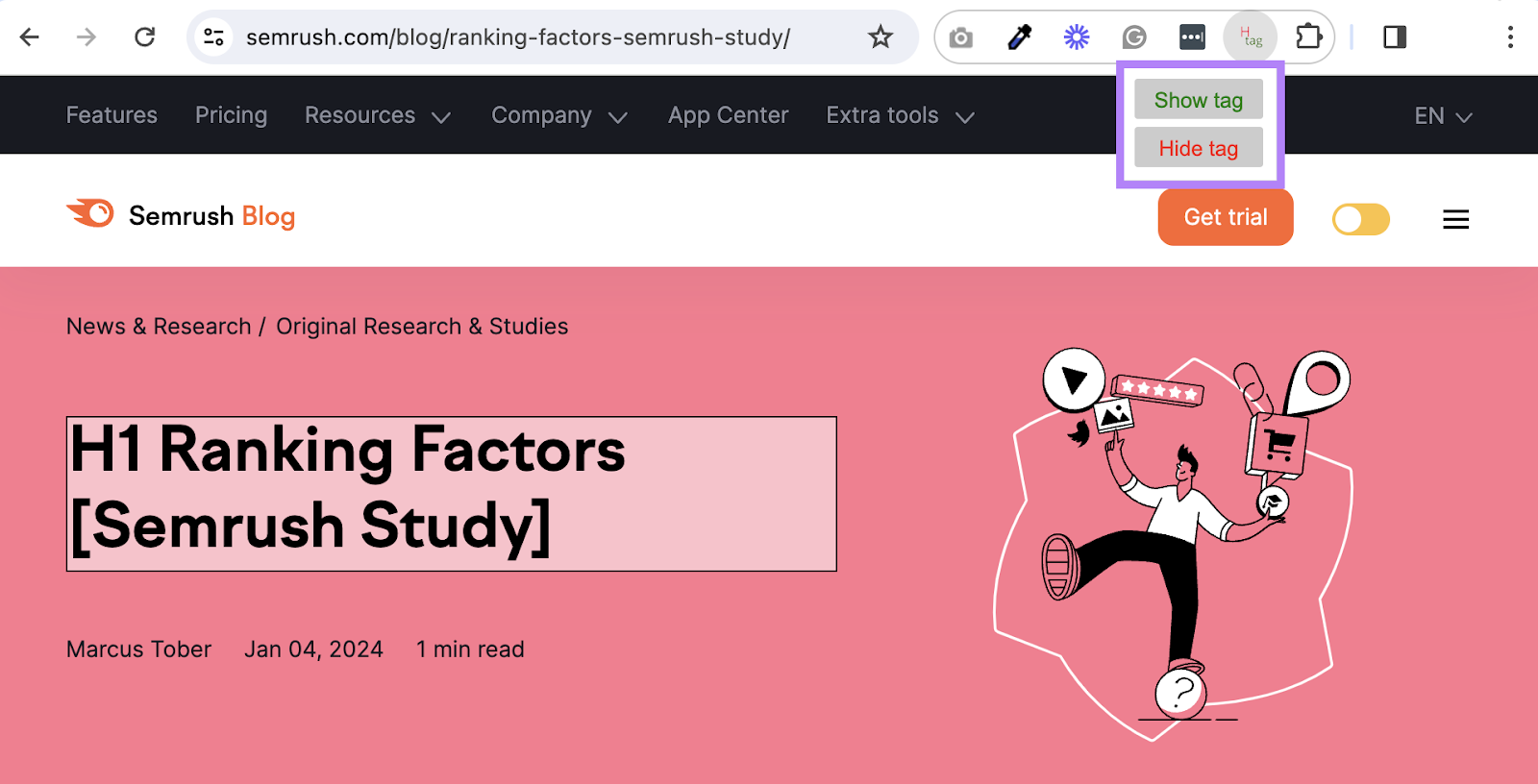 H1 tag highlighted on Semrush Blog page with H-标签Chrome扩展