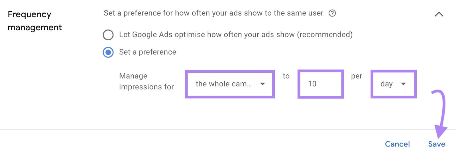 Frequency management settings on 谷歌广告 with '10 impressions per day' selected for the whole campaign.