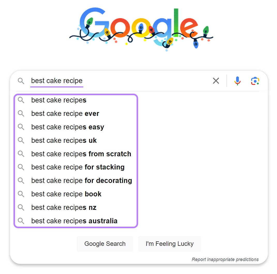 谷歌自动完成 suggestions when typing
