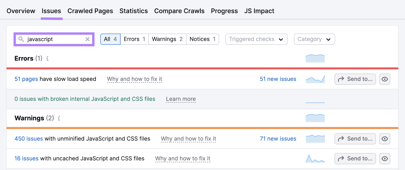 site audit s如何s javascript issues such as slow load speed, broken internal JavaScript and CSS files, and unminified files.