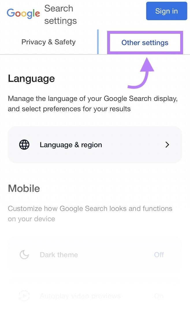 Google “其他设置” button highlighted in purple