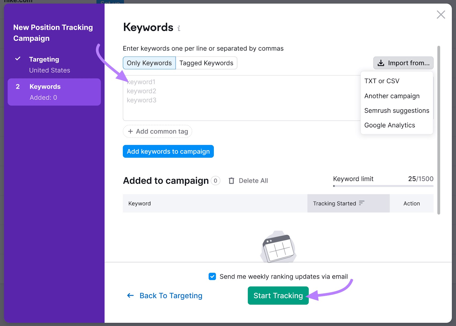 “Keywords”configuration page