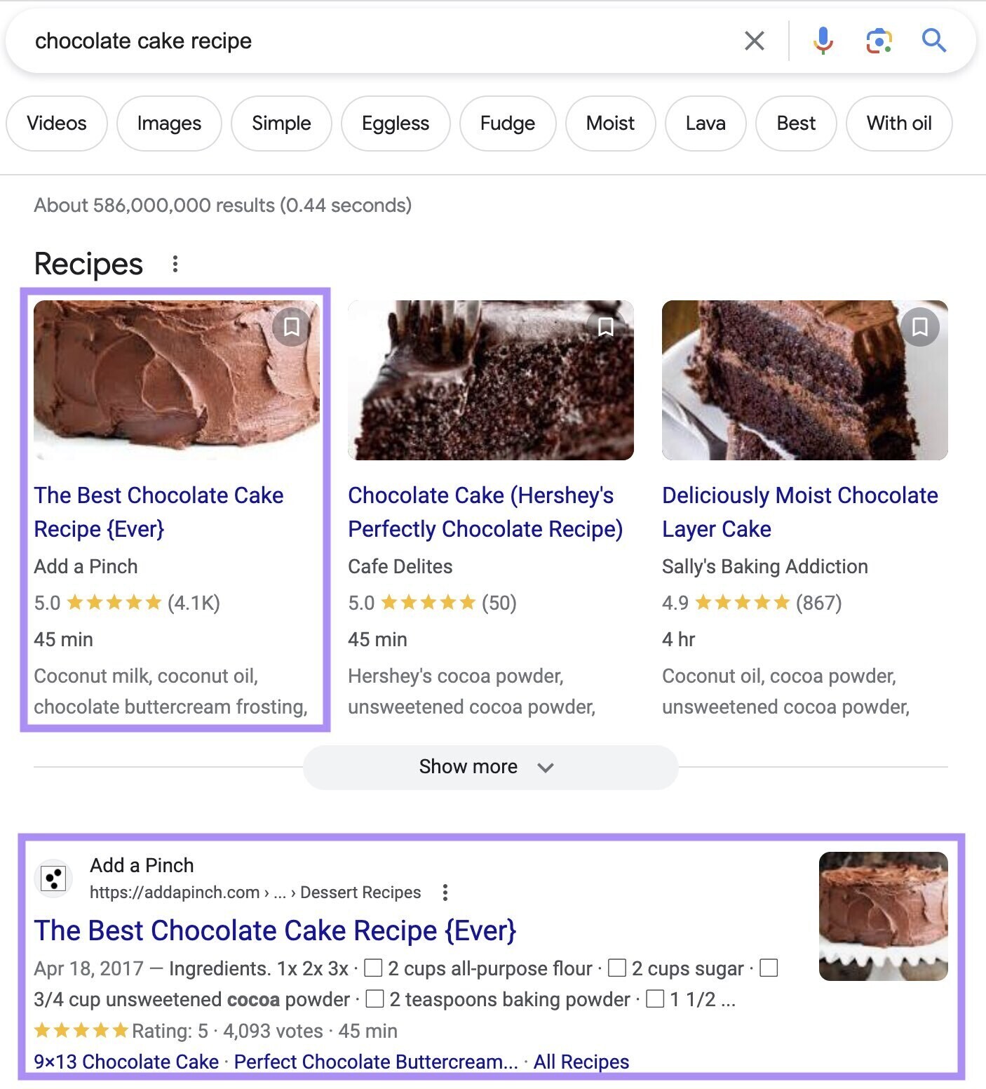谷歌’s first results for “chocolate cake recipe” is from