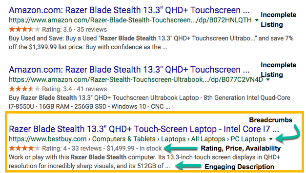 A screenshot of search results noting both incomplete和complete rich snippets