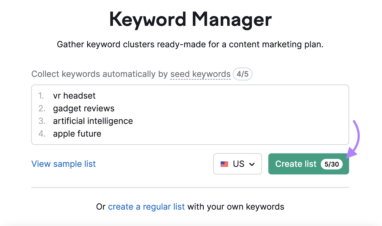 关键词 like vr headset, gadget review, and artificial intelligence entered into keyword manager tool