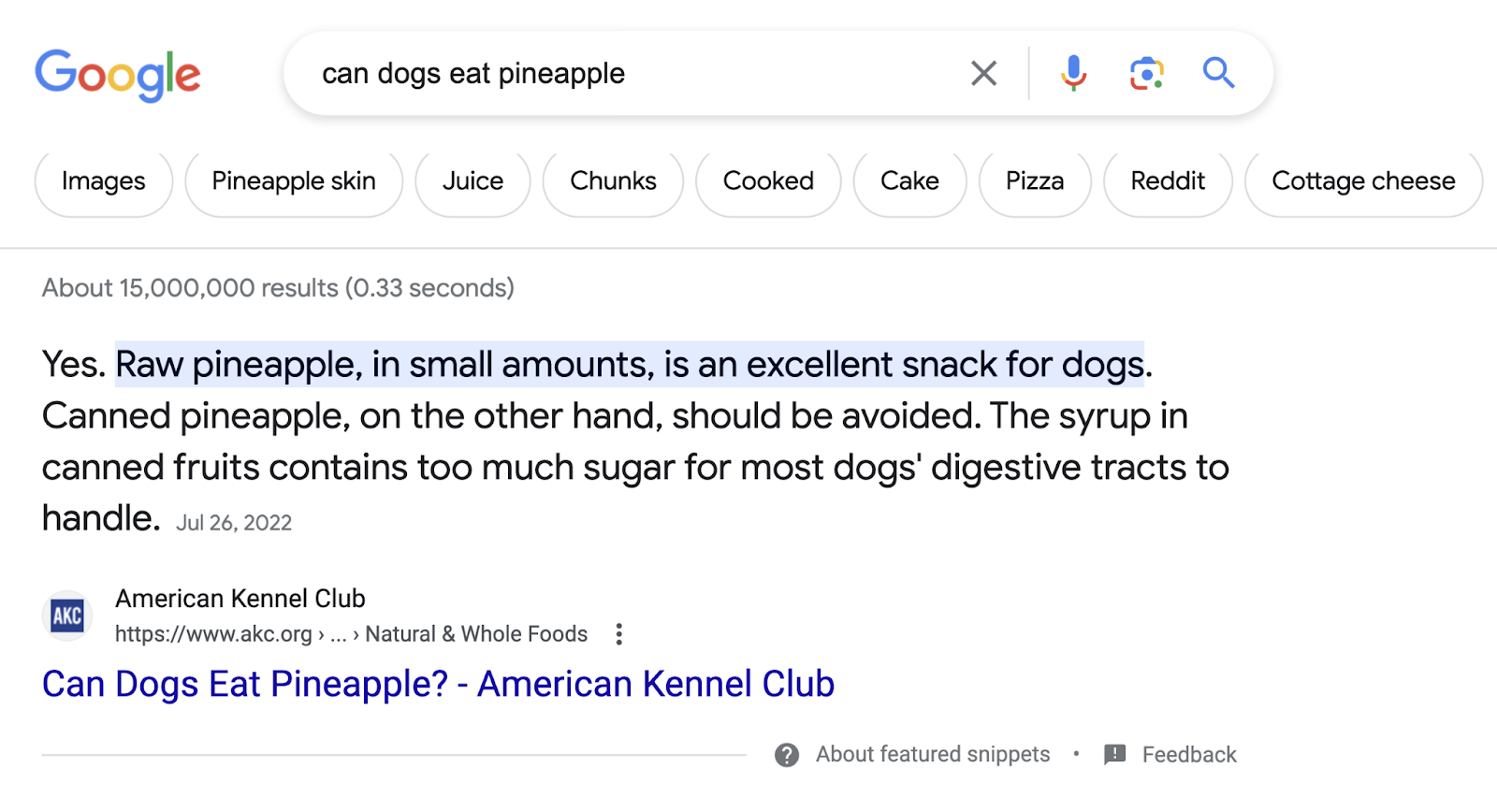 Featured snippet on Google for