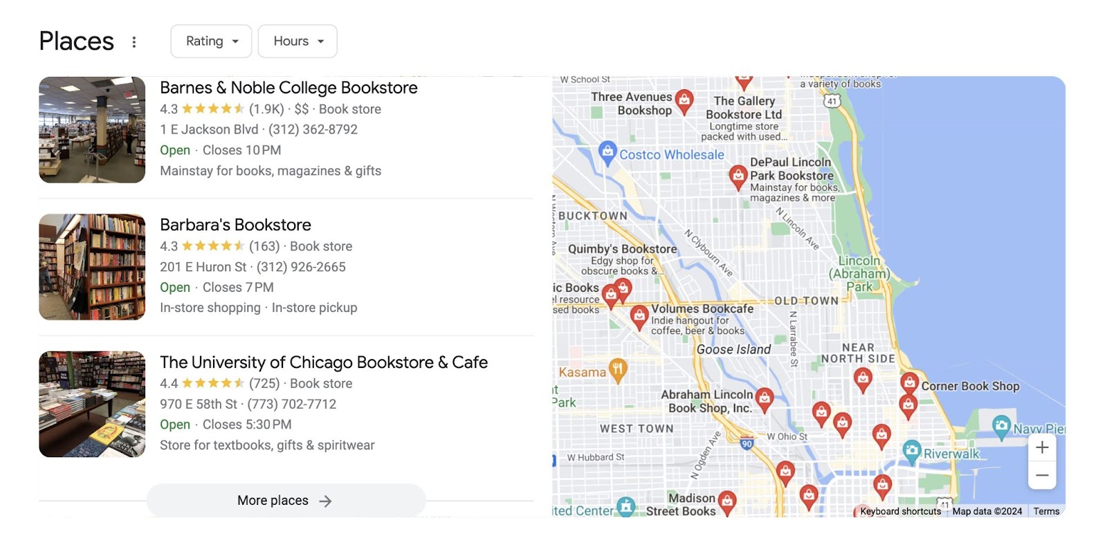 google results for chicago bookstore shows 