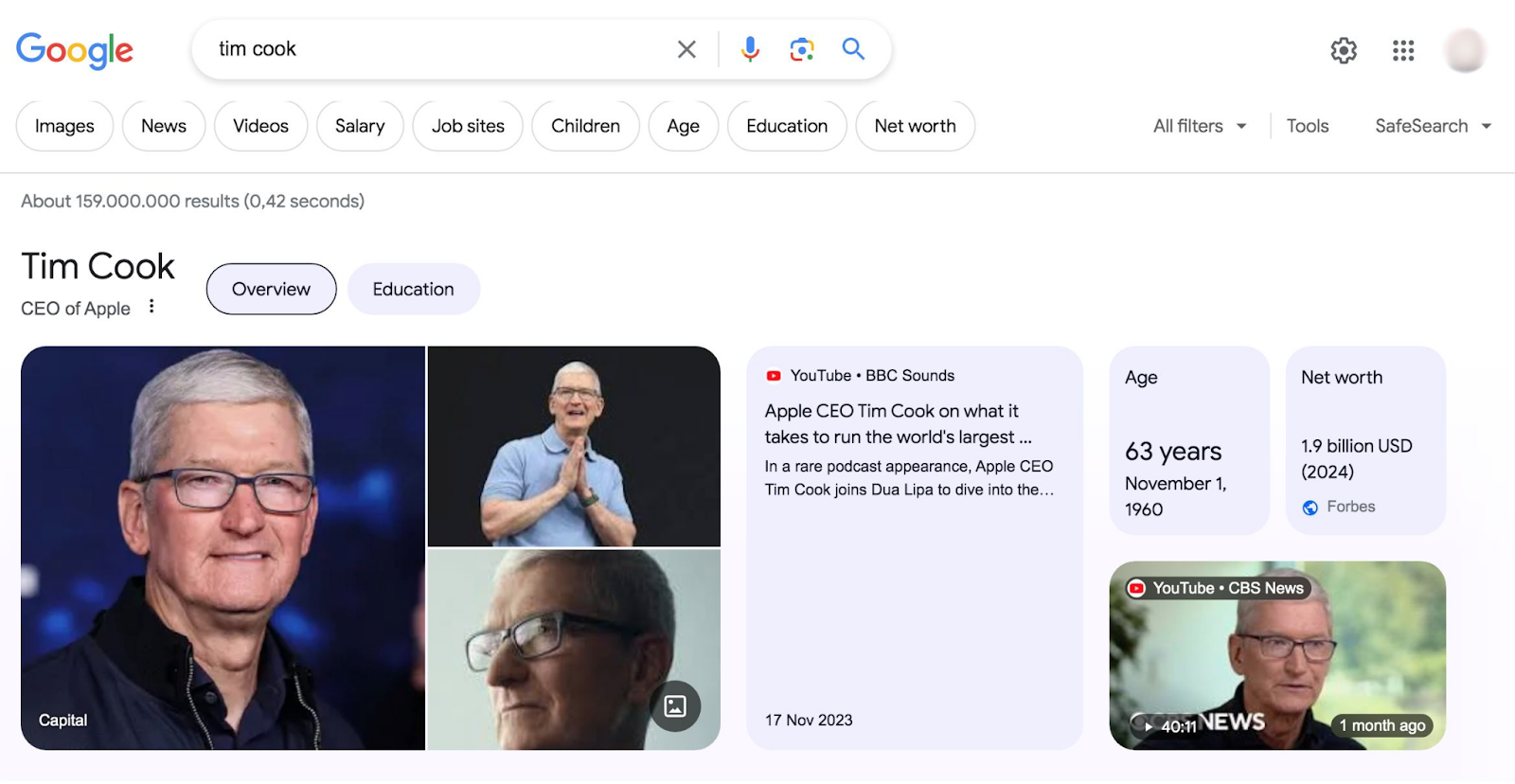 Google's knowledge graph result for “tim cook