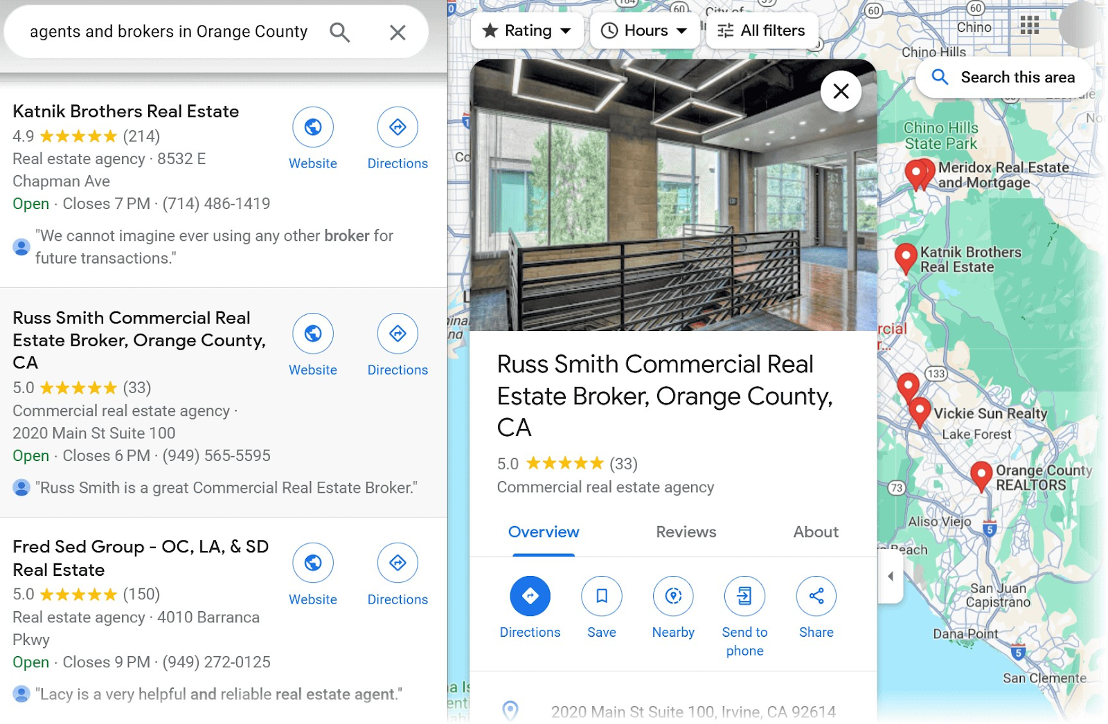 An example of reviewed real estate agents和brokers in Orange County on SERP