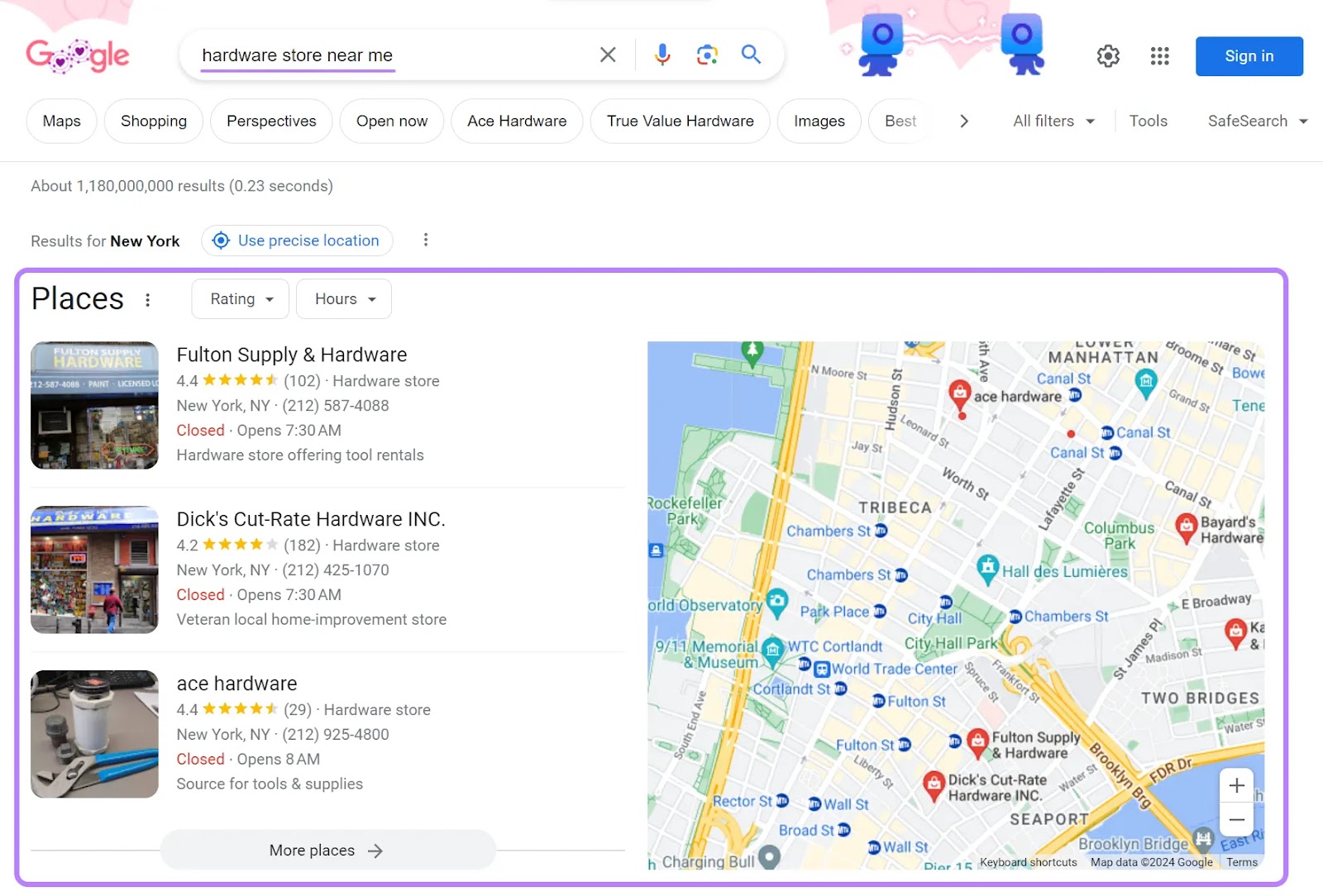 Google's local pack results for 