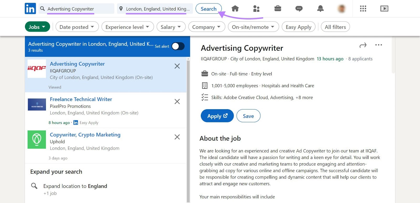 A job search for “advertising copywriter” on 领英