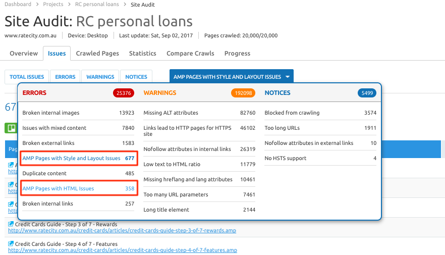 AMP in SEMrush现场审核report