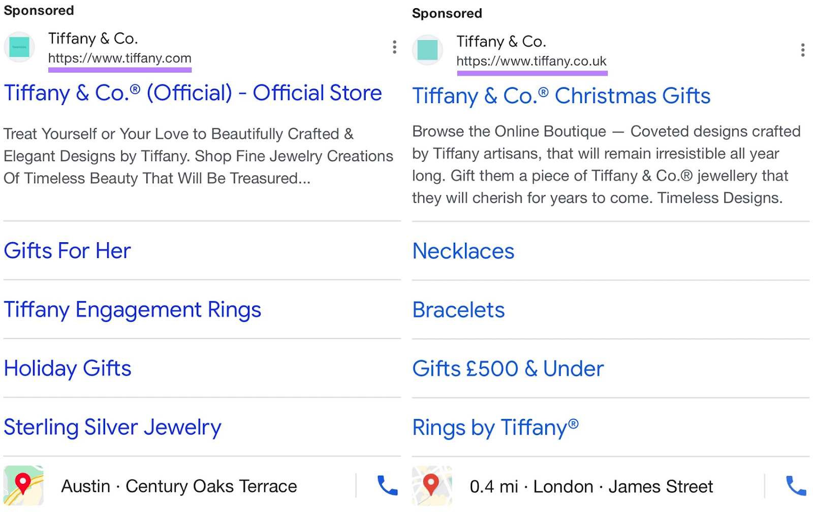 A side by side comparison of Tiffany & Co.'s mobile ad, with