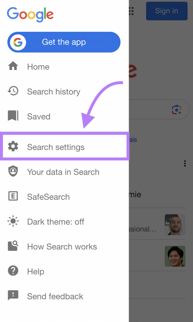 Google “搜索设置” button highlighted in purple