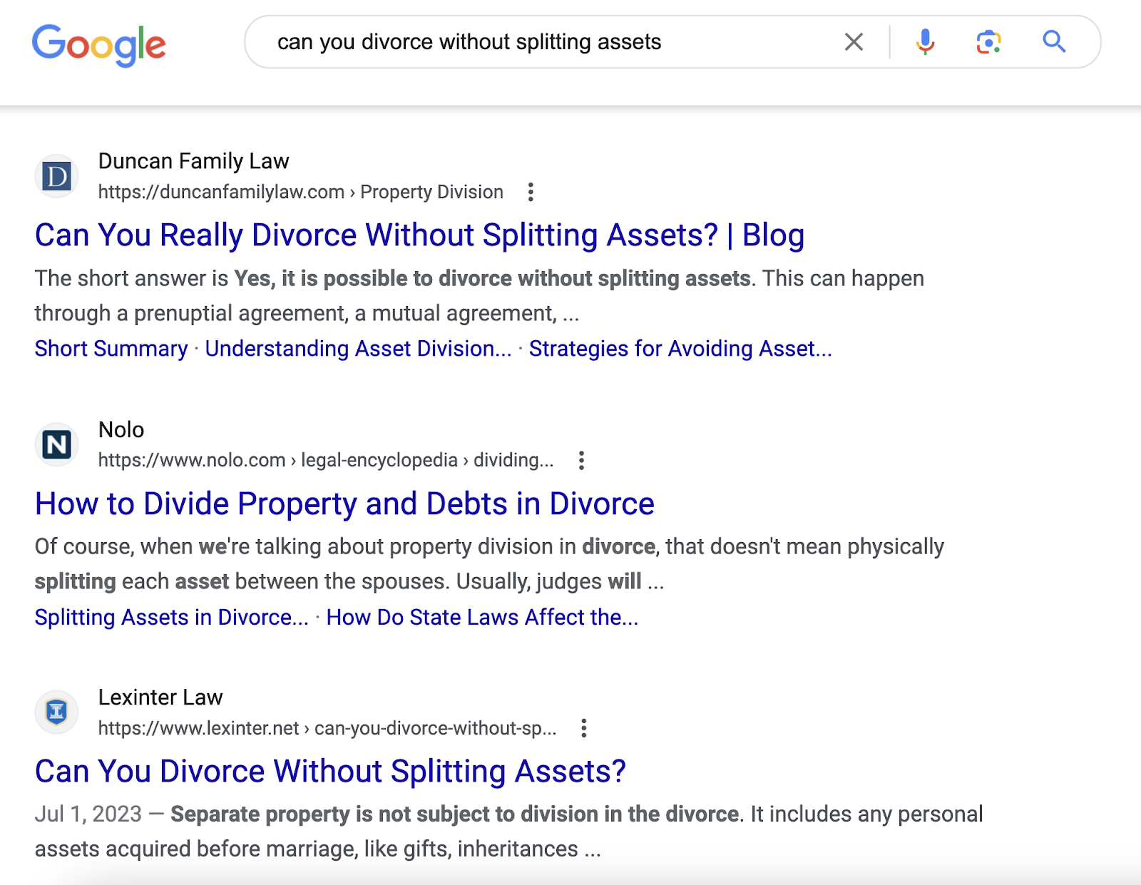 Google's SERP for “can you divorce without splitting assets”query