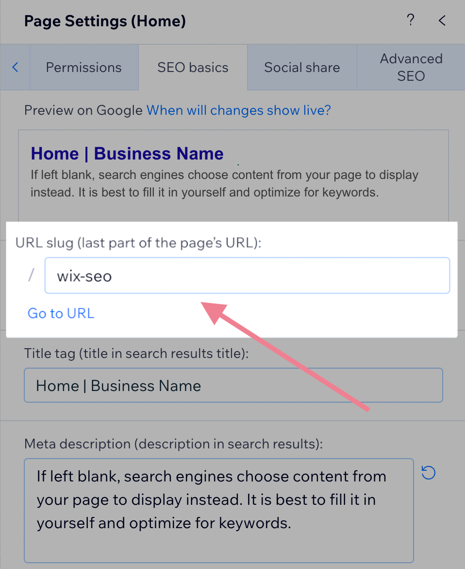Edit URL弹头 in “高级行政主任基础知识”settings in Wix