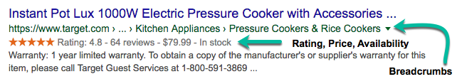 Screenshot of a rich result from 目标 for the Instant Pot Lux 1000W Electric Pressure Cooker