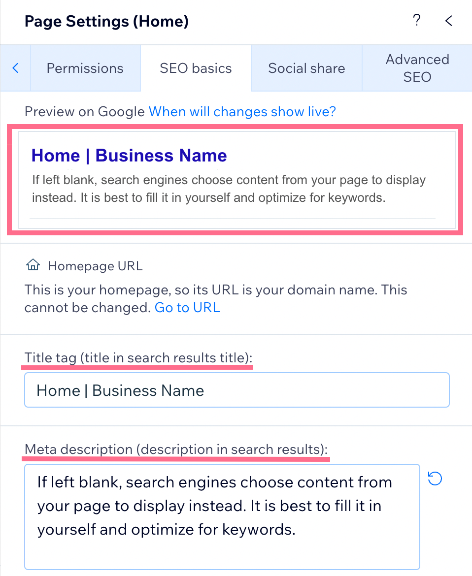 A preview of title tag 和 meta description in Wix's edit page