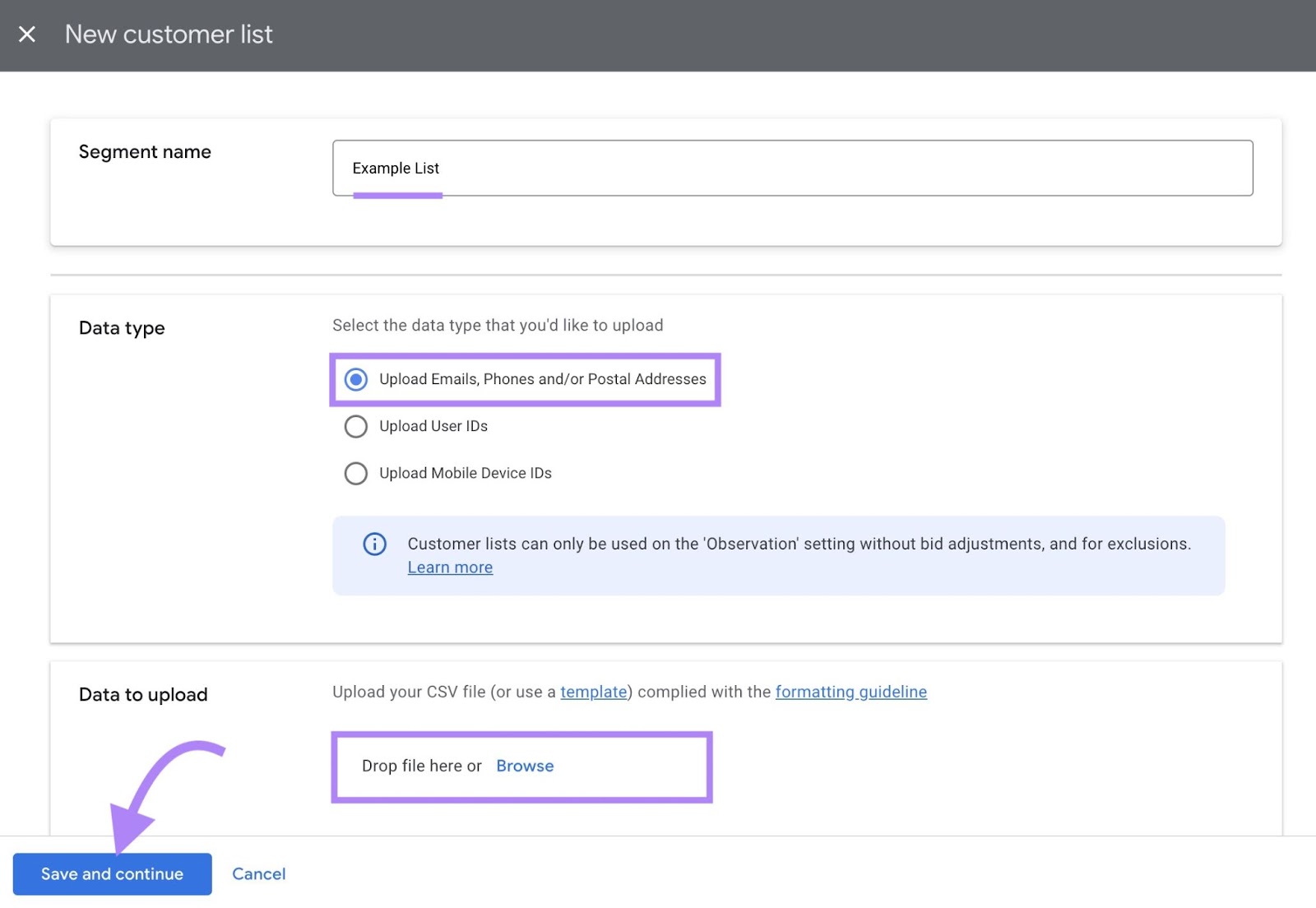 Page to input segment name, select data type and to upload a CSV to create a new customer list on 谷歌广告.