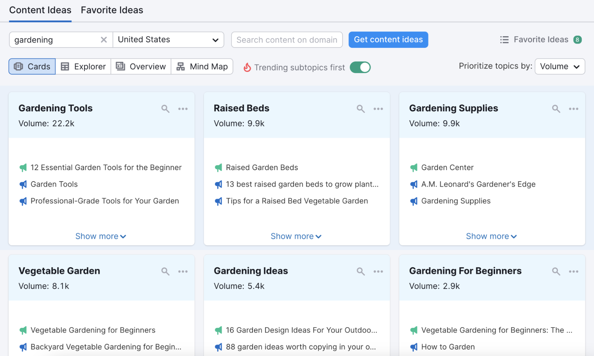 Content ideas dashboard in 课题研究 tool