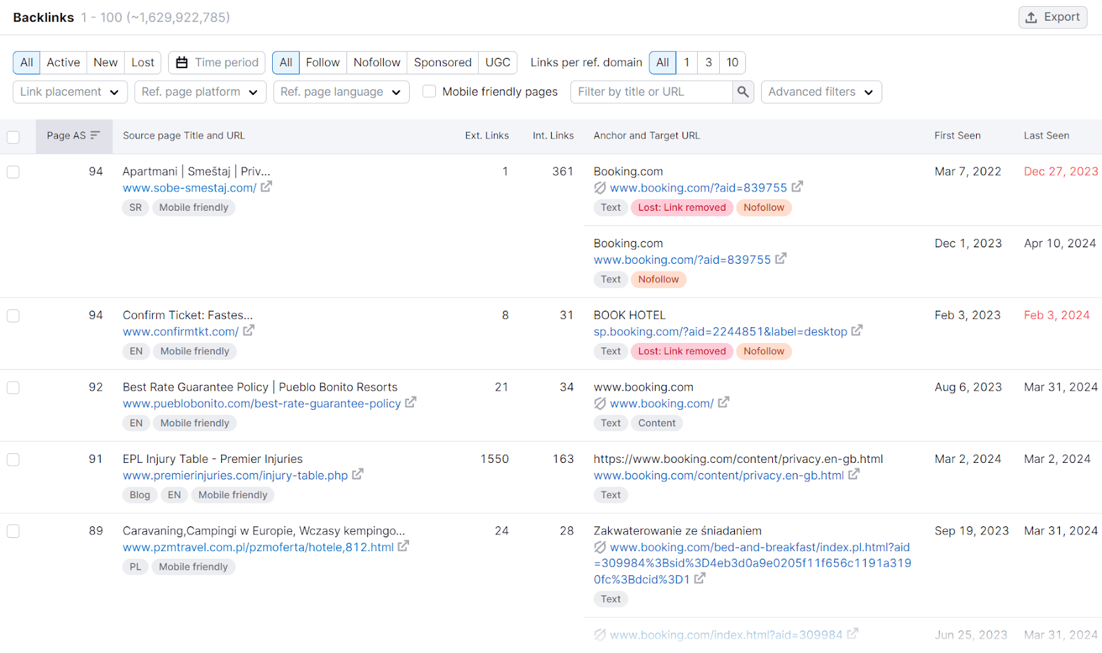 反向链接 report table listing details like backlink sources, target pages,而page authority score.