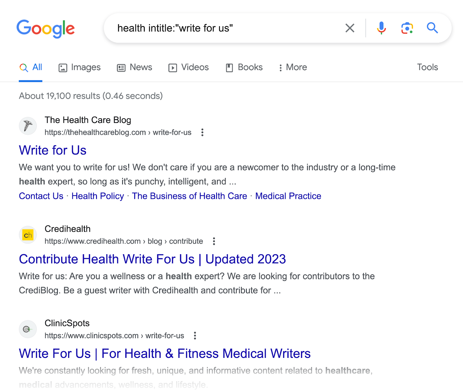 Google search results page for