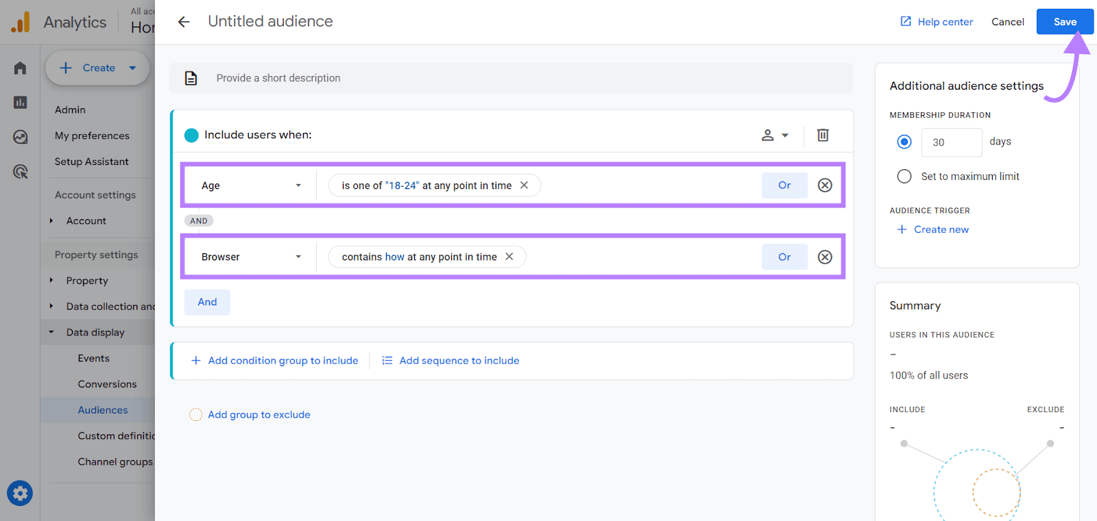 Choosing users between “18-24”whose browser search queries contain “how”at any time