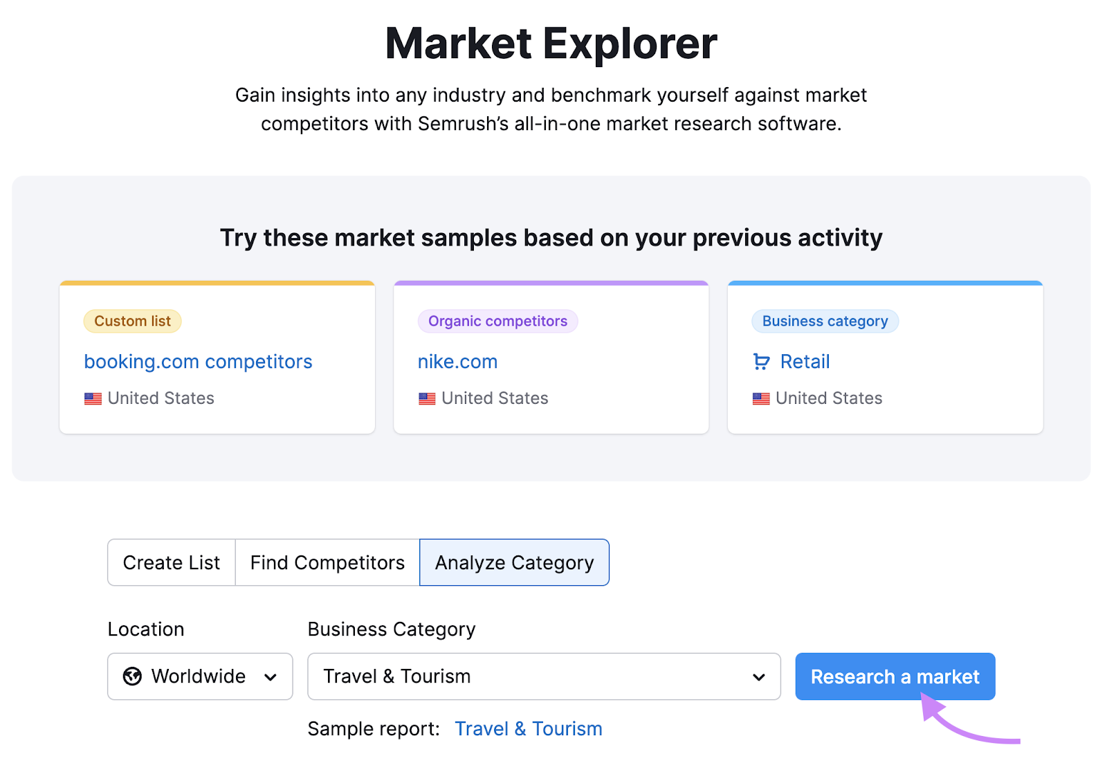 Semrush’s 市场探索者 tool
