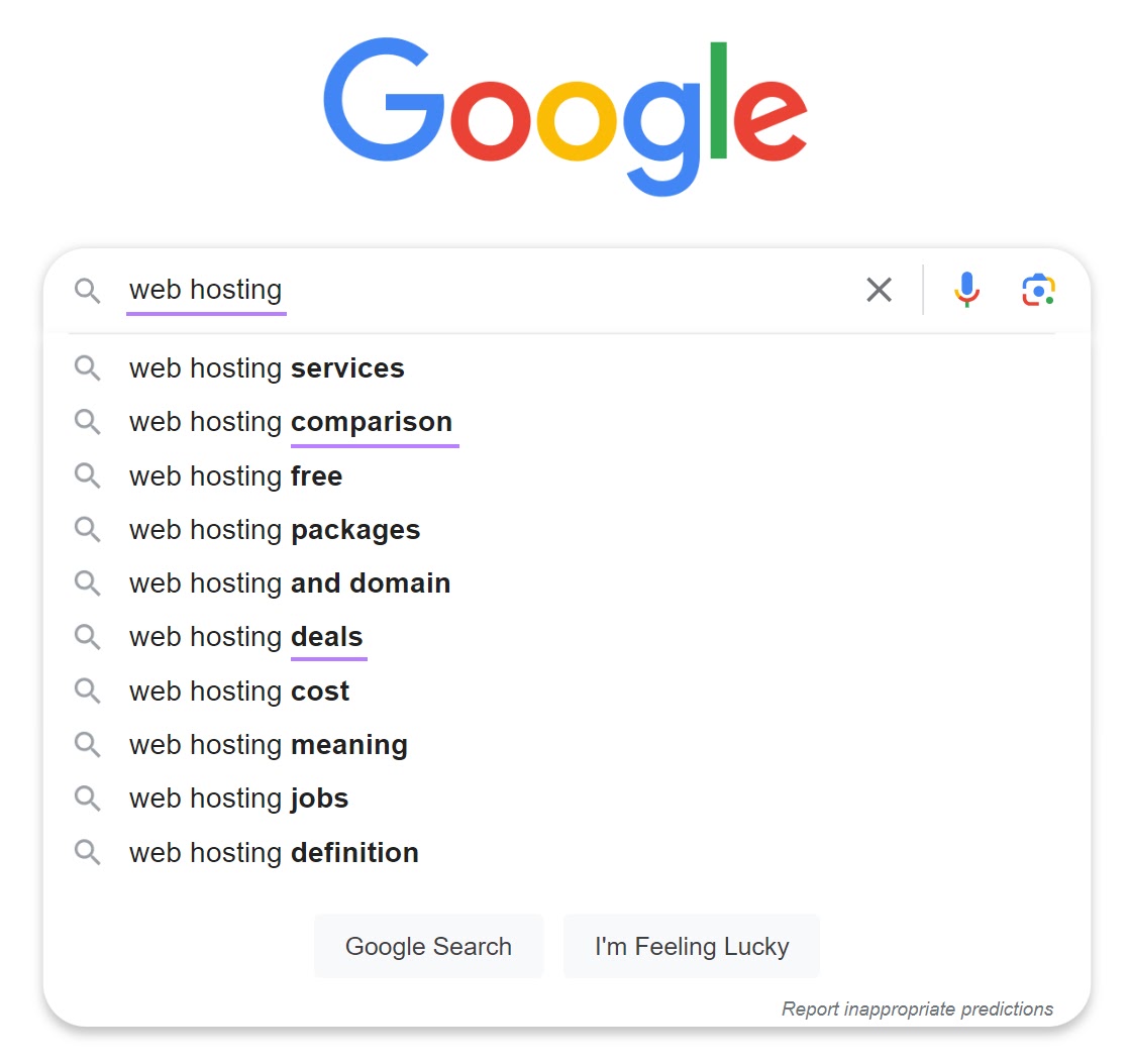 Google autocomplete suggestions when typing 