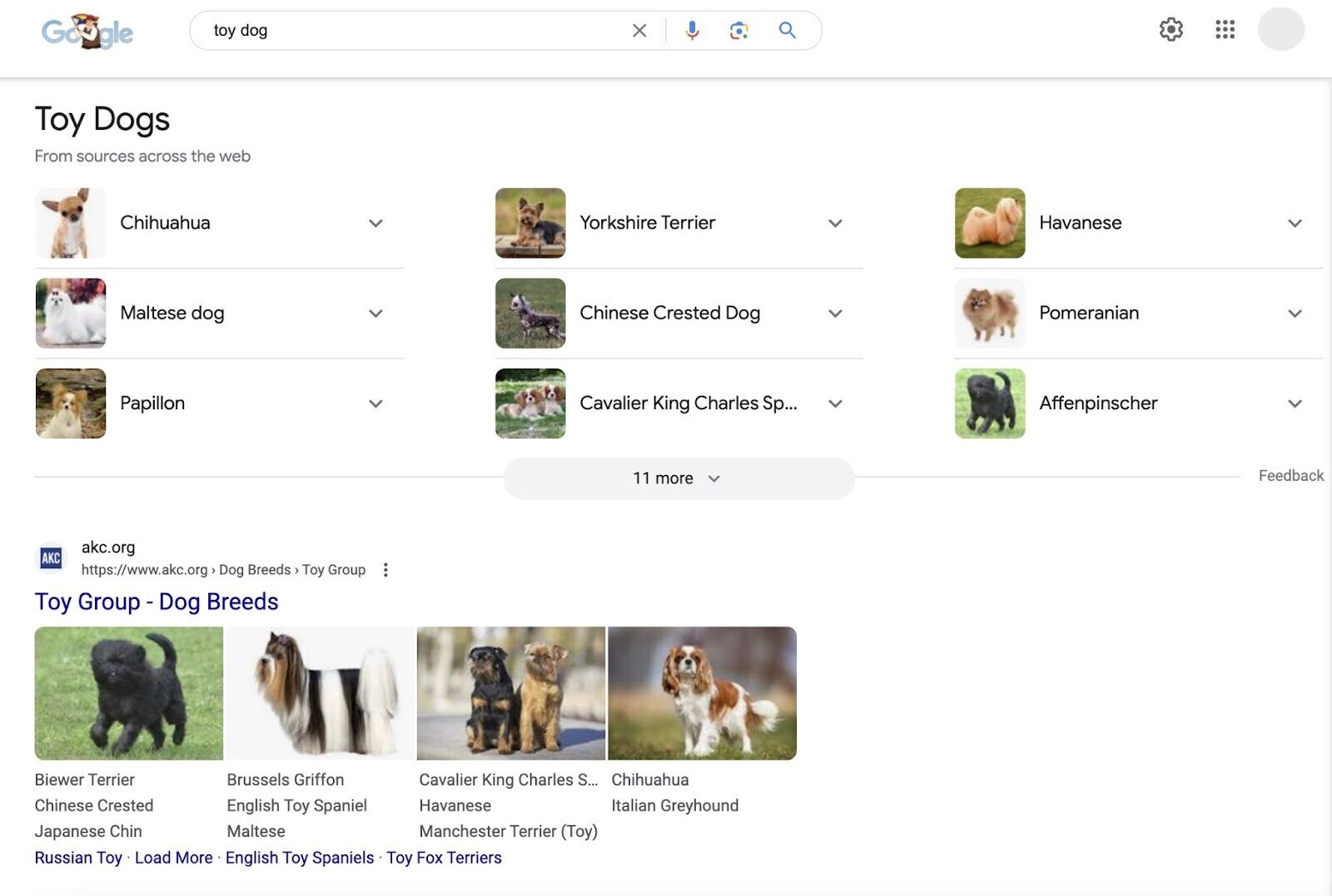谷歌 results for a “玩具狗”search