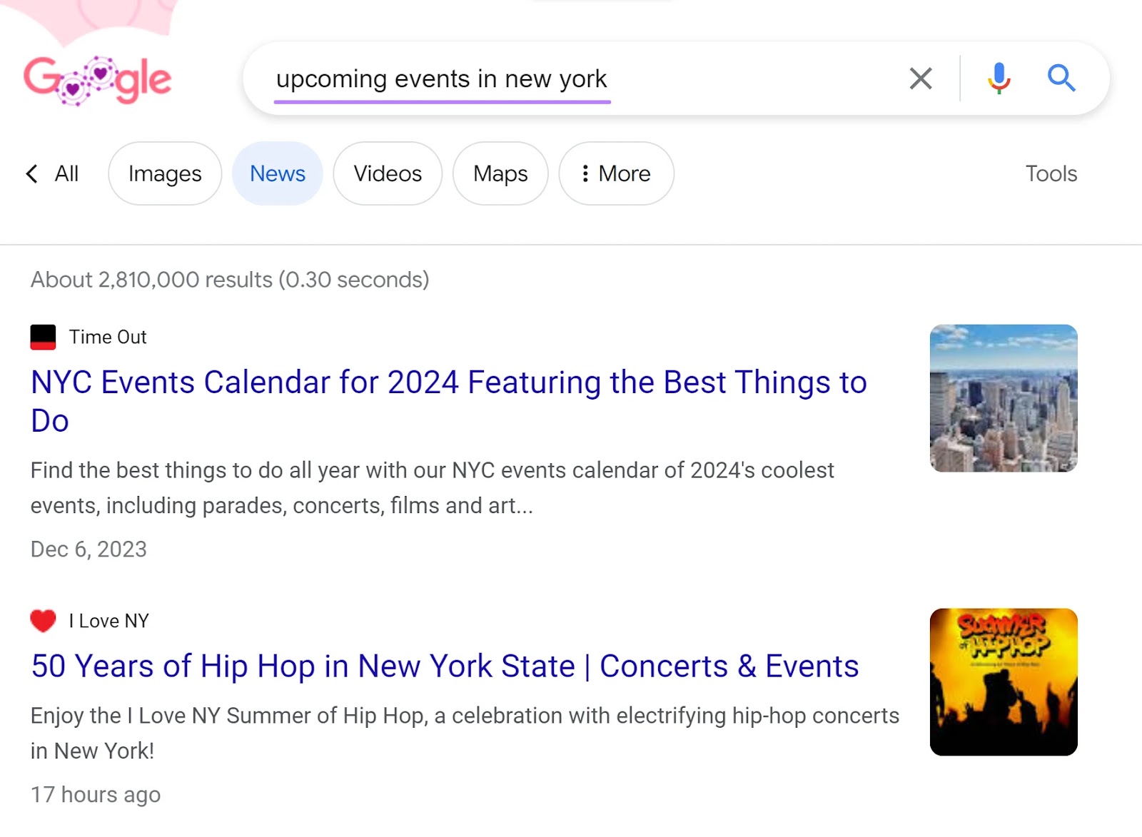 A section of Google's SERP showing results for “upcoming events in new york