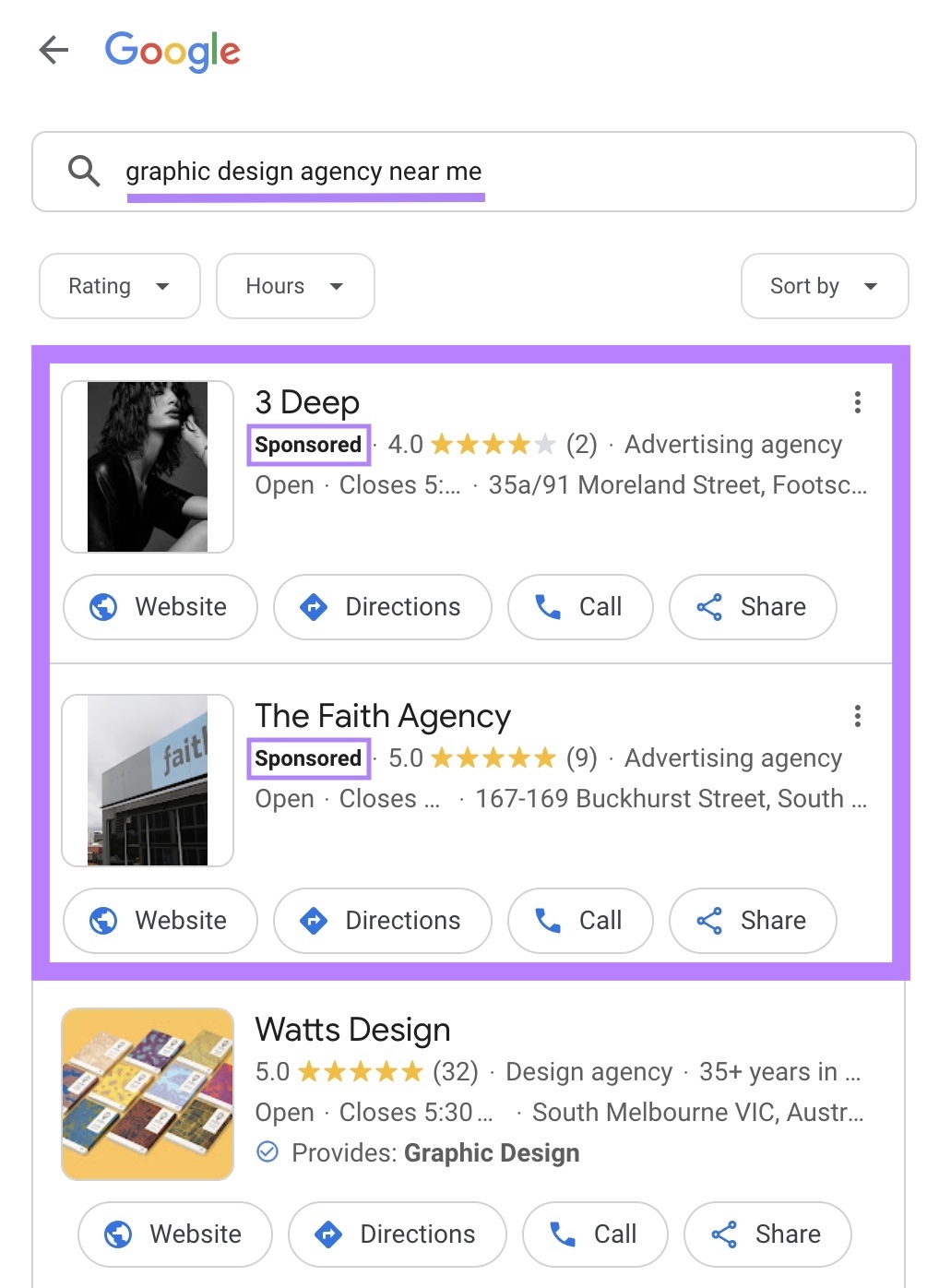 Google local ads appearing for “graphic design agency near me