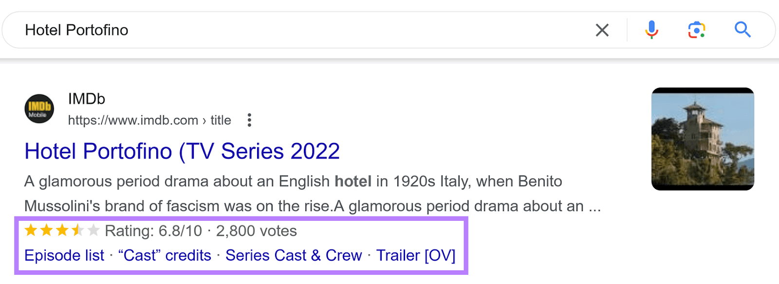 IMDB result on search displaying a star rating和votes from users
