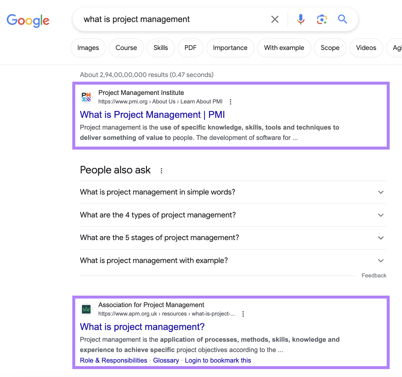 Google organic search results for