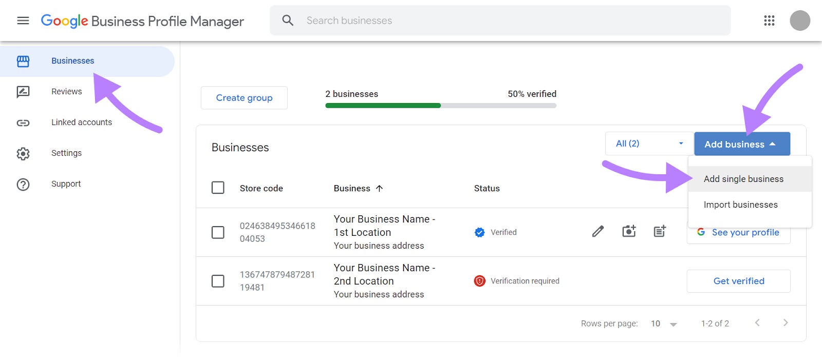 “添加单一业务” selected in the “Businesses” tab of 谷歌业务简介 Manager