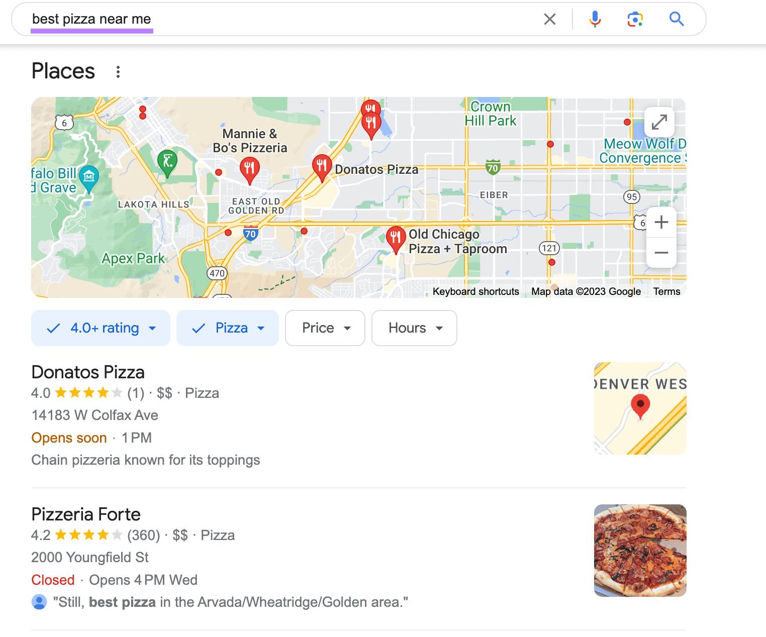 Google's local search results for 